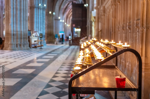 Small lit candles inside Worcester Cathedral,Worcester,England,United Kingdom.