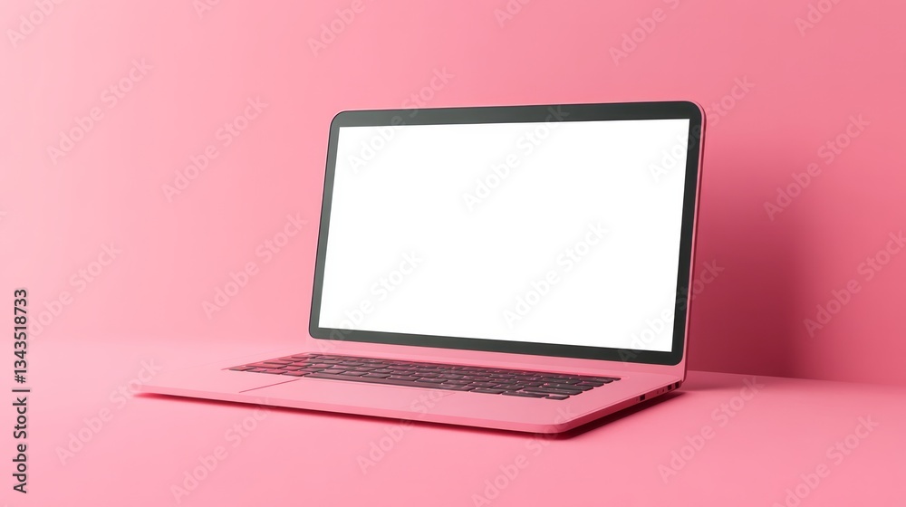 Pink laptop computer with blank white screen sits on surface Pink laptop computer with blank white screen sits on surface