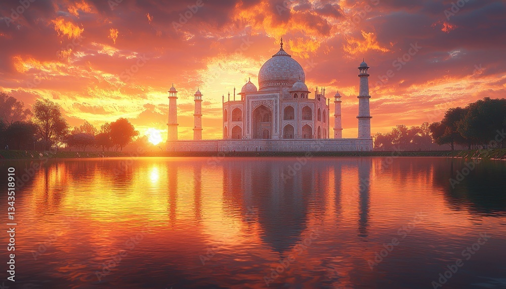 Obraz premium A large white monument reflecting in calm water during sunset