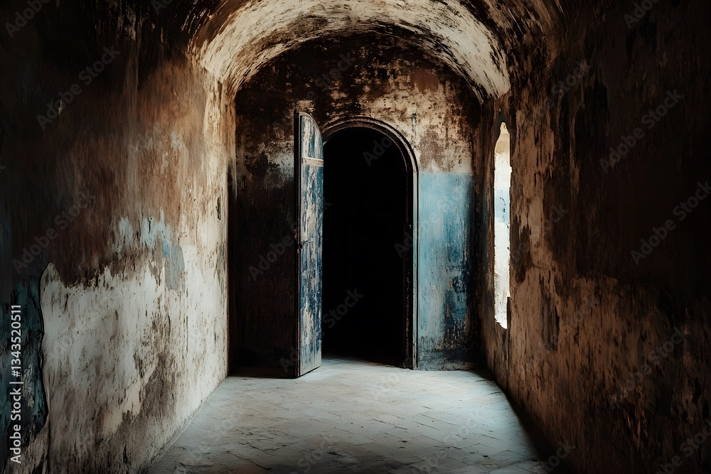 Obraz premium Dark Hallway Old Door Abandoned Building Mystery Grunge Texture