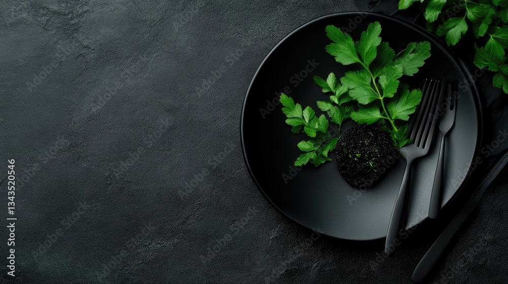 Dark, elegant tableware arrangement with fresh herbs