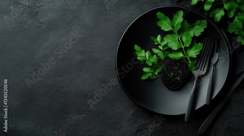 Obraz na płótnie Dark, elegant tableware arrangement with fresh herbs w salonie