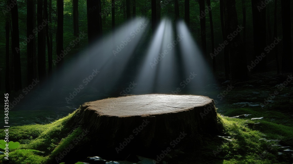 Sunlight streams through a dense forest, illuminating a mossy tree stump