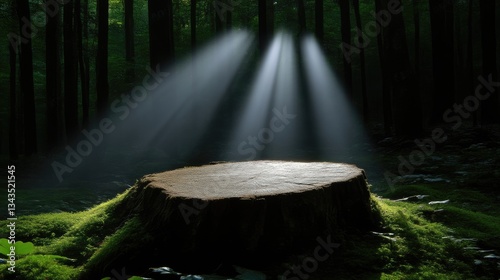 Obraz na płótnie Sunlight streams through a dense forest, illuminating a mossy tree stump w salonie