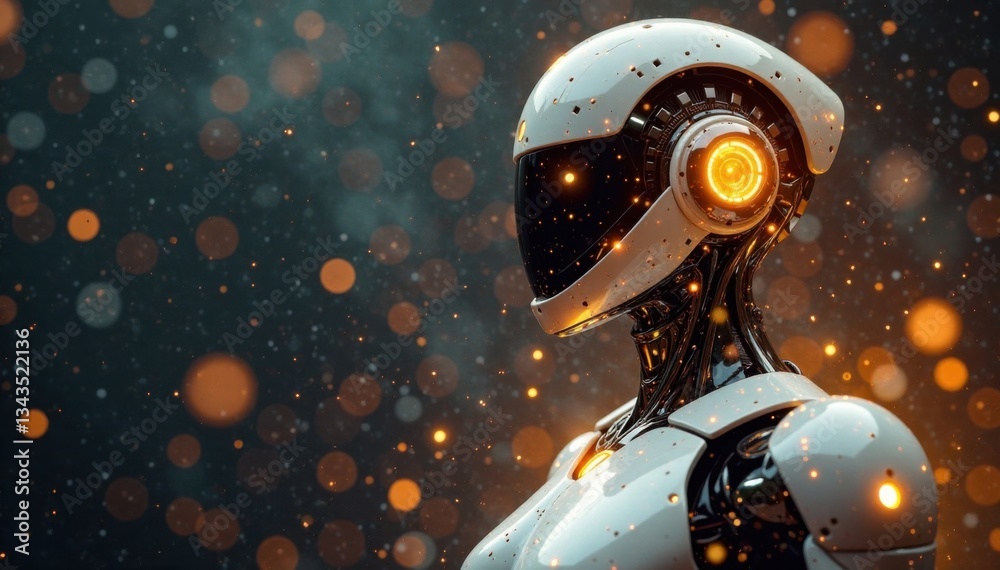 Fototapeta premium Sparkling gold particles fall gently from the sky around a futuristic robot body, glitter, glow