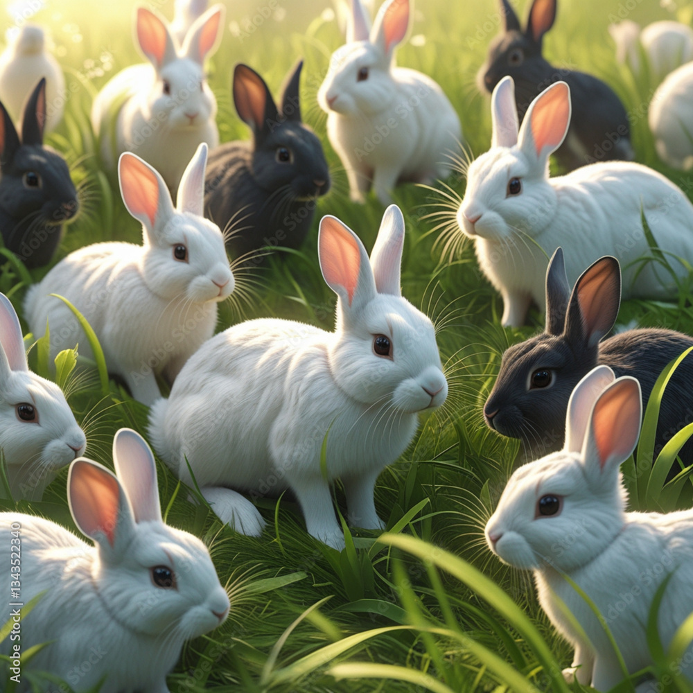 Fototapeta premium Placeholder A group of rabbits, mostly white with some black ones mixed in, stand in tall green grass. The photo is intended for submission to Adobe Stock.