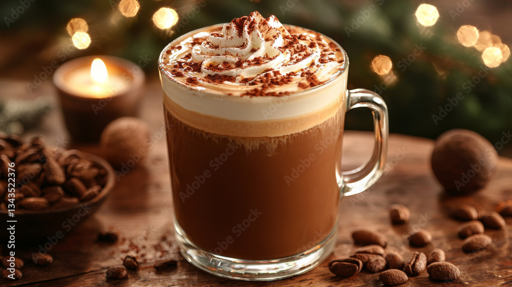 warm mug of cocoa topped with whipped cream and chocolate sprinkles sits on wooden table, creating cozy cafe ambiance warm mug of cocoa topped with whipped cream and chocolate sprinkles sits on wooden table, creating cozy cafe ambiance