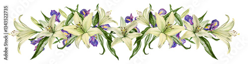 Fotografía Horizontal border of white lily and blue iris flowers