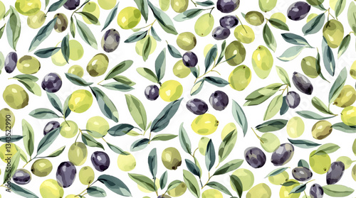 Hand-Drawn Watercolor Olives Seamless Pattern on White Background