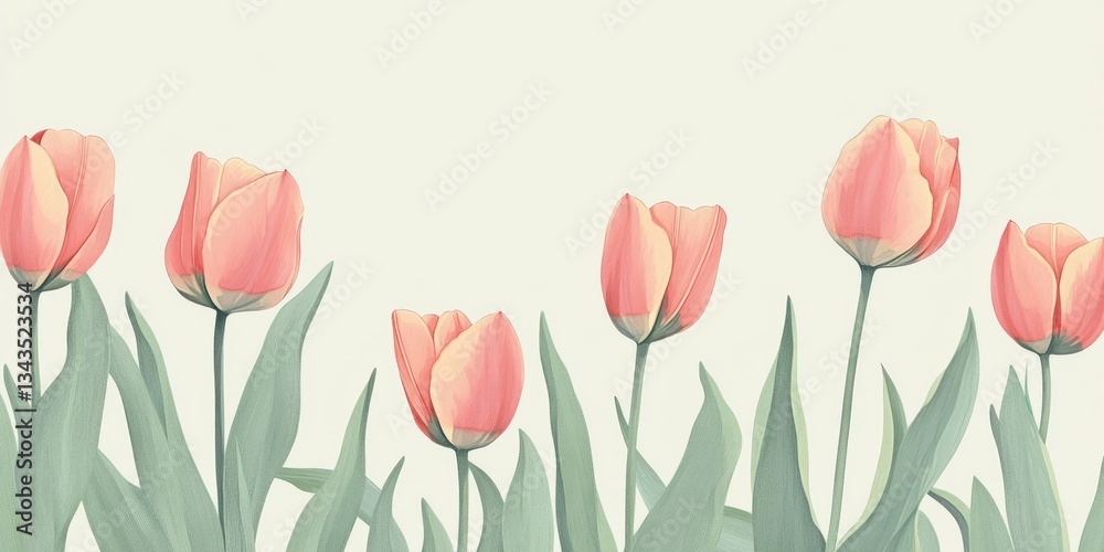 Obraz premium Tulip border on green pattern with flat s in redgreen