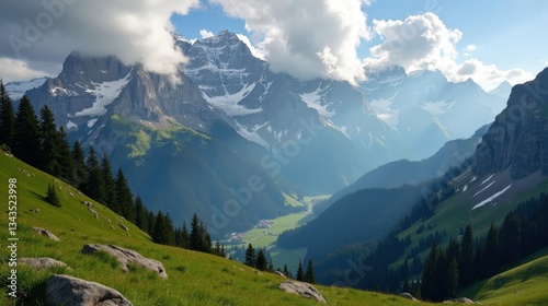 Mid-day over the Bernese Alps, Switzerland, under cloudy skies. Soft light diffuses over the rolling peaks, adding depth to the majestic scenery. photo