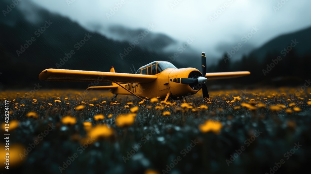 Yellow airplane on a field of flowers, mountain backdrop