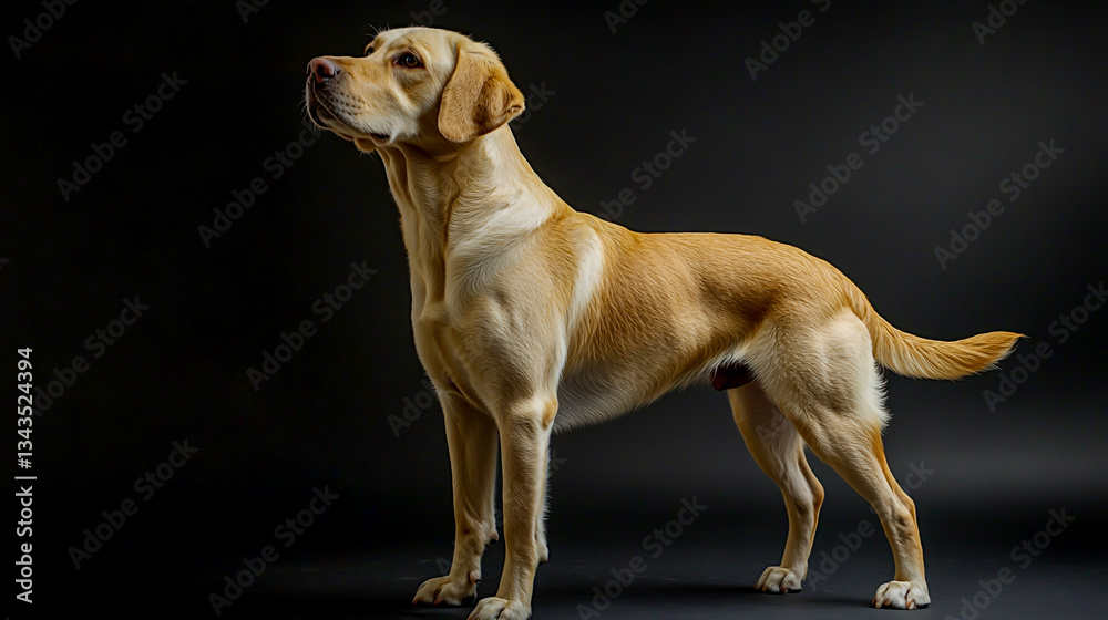 An alert dog standing sideways, displaying keen awareness, focused posture, and attentive body language, often associated with guarding, protection, or working dog breeds An alert dog standing sideways, displaying keen awareness, focused posture, and attentive body language, often associated with guarding, protection, or working dog breeds