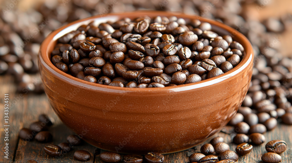 Fototapeta premium ceramic bowl filled with aromatic coffee beans sits on rustic wooden table, creating warm and inviting atmosphere