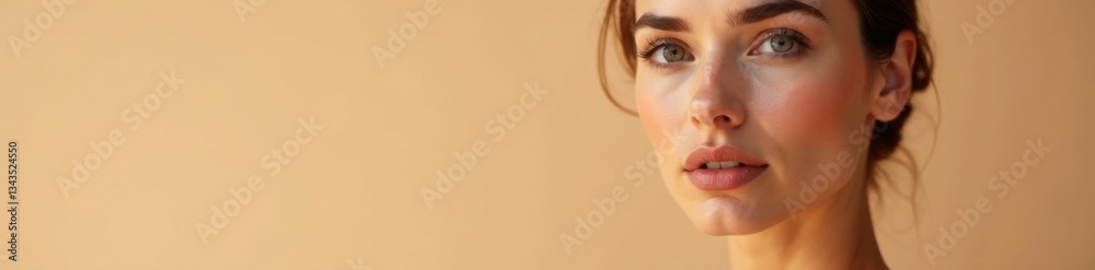 Fototapeta premium Stunning woman with flawless complexion and elegant eyes on a soft beige backdrop , elegance, glamour