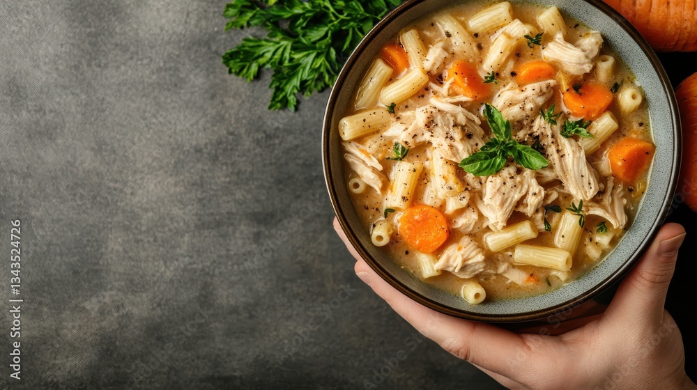 A cozy bowl of chicken and pasta soup with chunks of chicken and vibrant carrots, perfect for a comforting meal during chilly days, showcasing warm culinary delight. A cozy bowl of chicken and pasta soup with chunks of chicken and vibrant carrots, perfect for a comforting meal during chilly days, showcasing warm culinary delight.