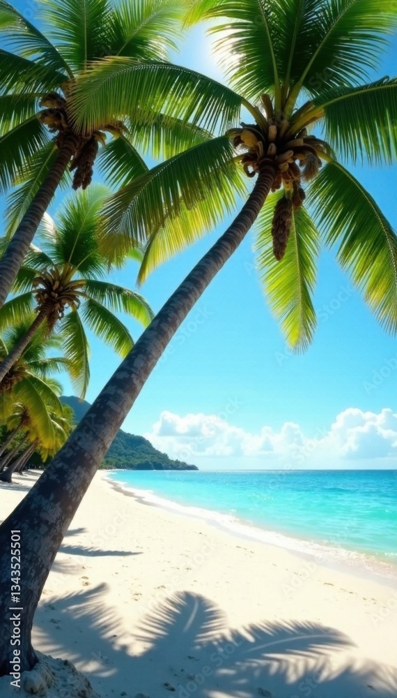 Fototapeta premium Sunny beach with palm trees swaying in ocean breeze, tropical, palm
