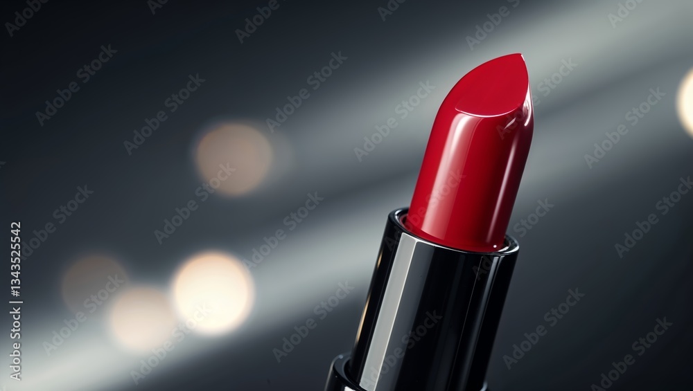 Bright red lipstick showcased with a blurred background under soft light highlighting its texture and shine Bright red lipstick showcased with a blurred background under soft light highlighting its texture and shine