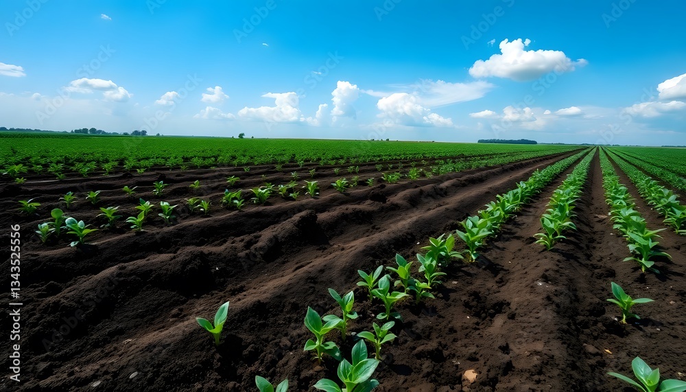 Obraz premium Agricultural Field, Rows of Crops, Soil, Plants