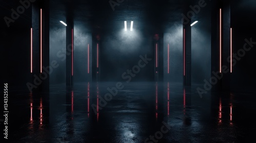 A dimly lit warehouse showcases glowing neon lights reflected in wet floors, creating a mysterious atmosphere enhanced by fog and shadows in the space.