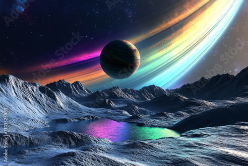 A cosmic 3D background of an enormous planetary ring system viewed from the surface of a distant moon. The vibrant auroras dance across the sky, casting ethereal reflections on the icy terrain below,