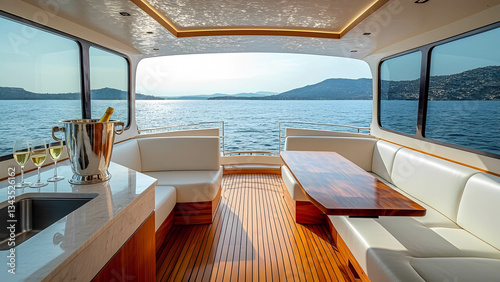 A stunning yacht interior with sleek white leather seating, polished teak floors, and panoramic ocean views