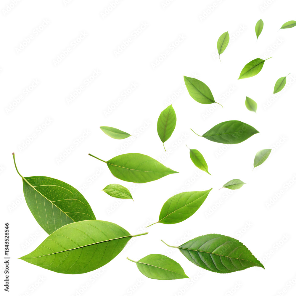 Obraz premium falling green leaves isolated on white background.png