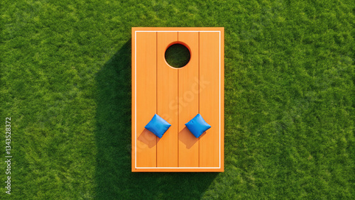 Cornhole Board with Blue Bean Bags on Grass Field