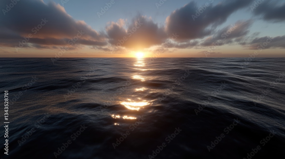 Sunset over a vast ocean. Calm waters reflect the golden sun
