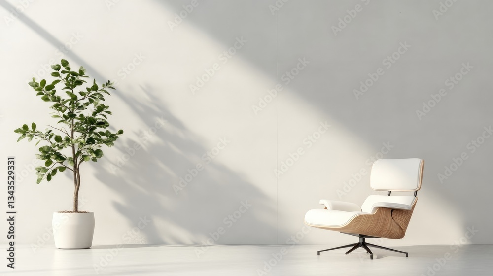 Modern minimalist living room interior with a single armchair and potted plant