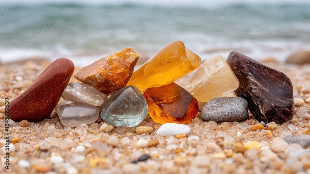An array of beautiful, colorful beach stones scattered on the shoreline, capturing the calming essence of nature and evoking feelings of peace and tranquility by the sea. An array of beautiful, colorful beach stones scattered on the shoreline, capturing the calming essence of nature and evoking feelings of peace and tranquility by the sea.