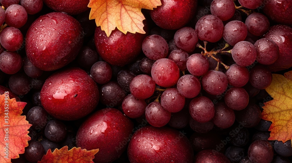 Obraz premium A vibrant arrangement of fresh red grapes and plums surrounded by beautiful autumn leaves creates a stunning fall display highlighting seasonal fruits and natural beauty.