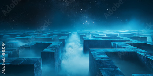 A surreal 3D background of a floating labyrinth suspended in a cosmic void, where glowing pathways twist and turn in impossible directions. Ethereal blue mist drifts between towering crystalline walls