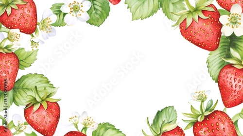 Watercolor frame with strawberries, leaves and flowers creating a white background