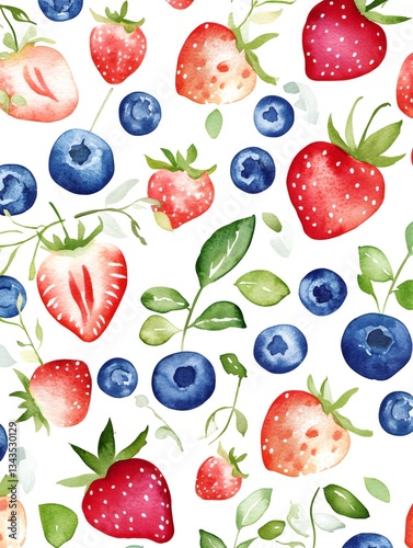 Watercolor Seamless Pattern featuring Vibrant Strawberries and Blueberries with Green Leaves