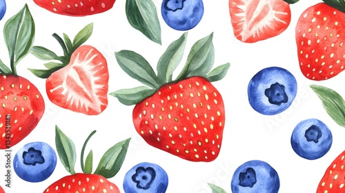 Watercolor seamless pattern featuring juicy strawberries and blueberries on white background
