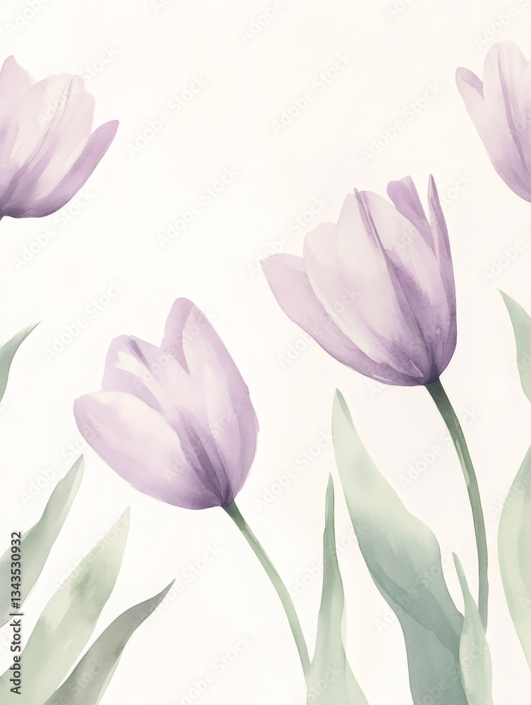 Naklejka premium Delicate Purple Tulips Watercolor Painting on White Background