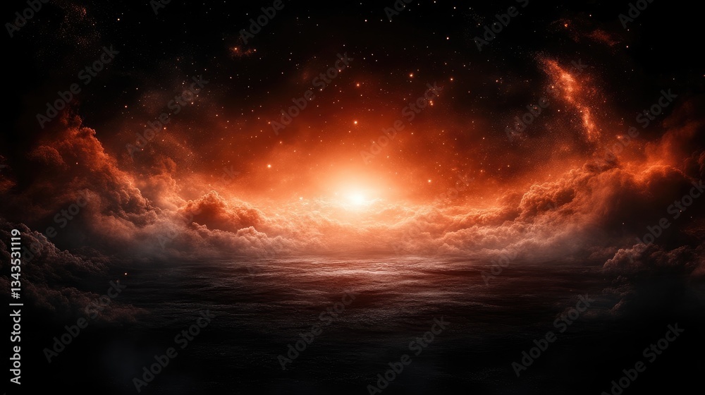 Cosmic sunrise through fiery clouds
