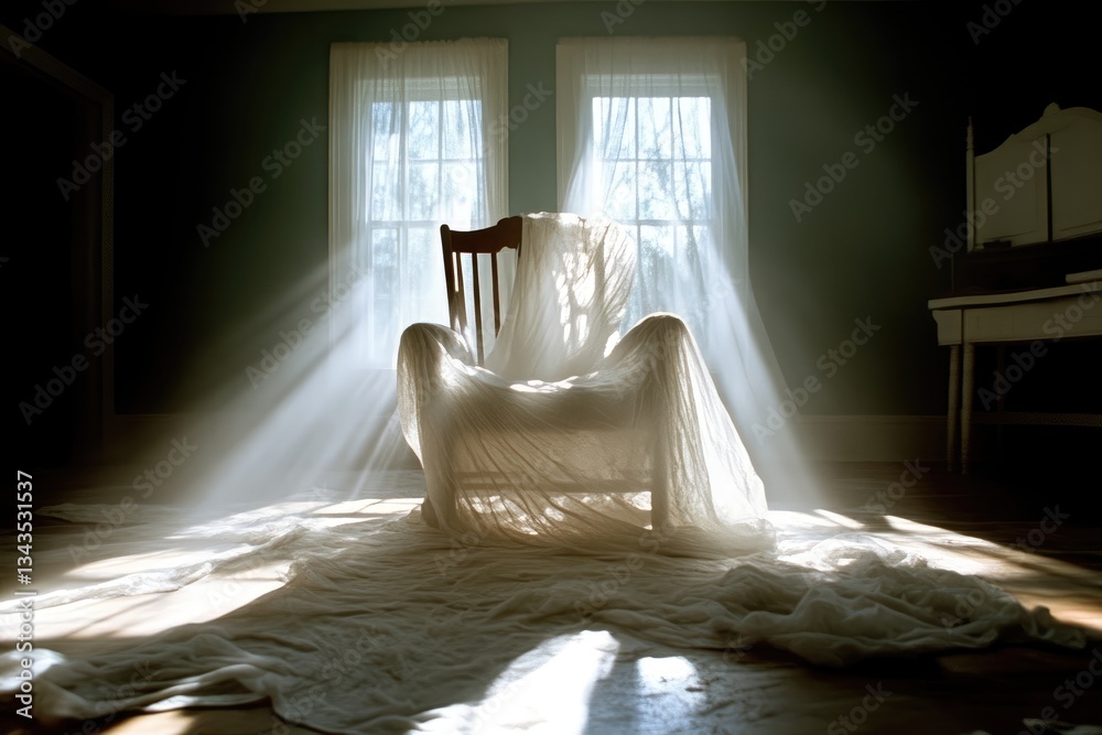 A wooden rocking chair draped in white fabric, bathed in sunlight streaming through windows