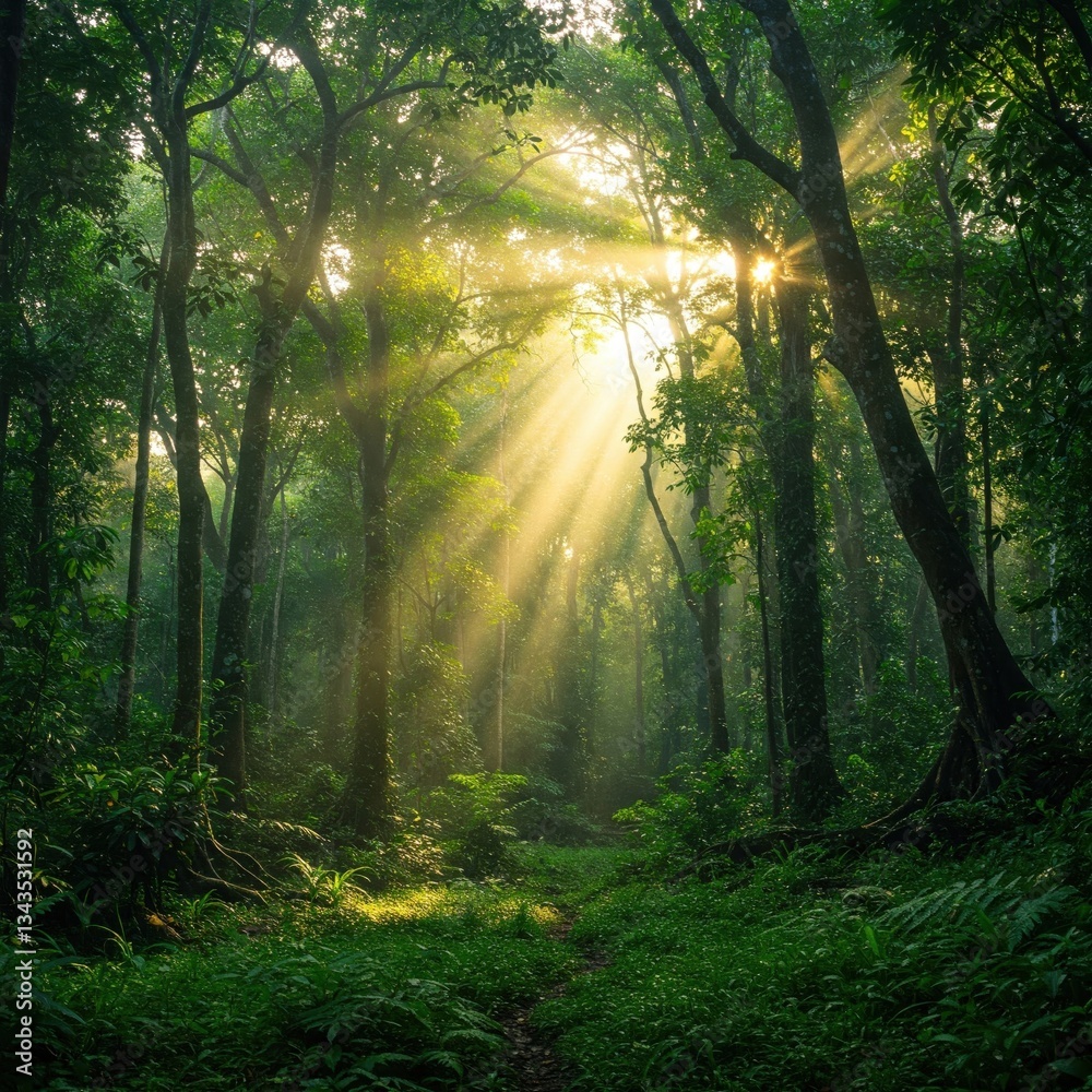 A tropical rainforest at dawn, with soft light filtering through the trees and a fresh, vibrant atmosphere. The forest is full of life and the sounds of nature. AI-generated. A tropical rainforest at dawn, with soft light filtering through the trees and a fresh, vibrant atmosphere. The forest is full of life and the sounds of nature. AI-generated.