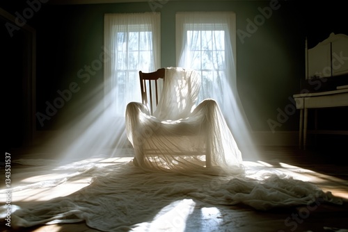 Obraz na płótnie A wooden rocking chair draped in white fabric, bathed in sunlight streaming through windows w salonie