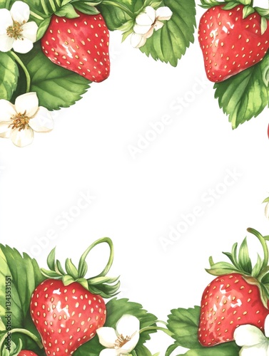 Watercolor frame with blooming strawberries creating a white background