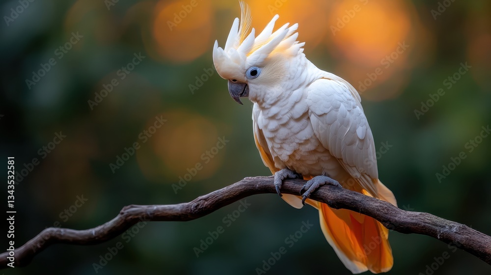 A beautiful white cockatoo with striking plumage, perched gracefully on a branch, showcasing its vibrant orange tail against a softly blurred natural background. A beautiful white cockatoo with striking plumage, perched gracefully on a branch, showcasing its vibrant orange tail against a softly blurred natural background.