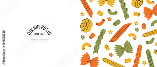 Banner of different sorts of colorata pasta. Macaroni, farfalle, penne, fusilli, stelline, ruote, ditalini. Traditional Italian food. Various noodles types. Vector flat cartoon illustration