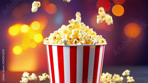 Classic Popcorn in Striped Box with Cinematic Bokeh	