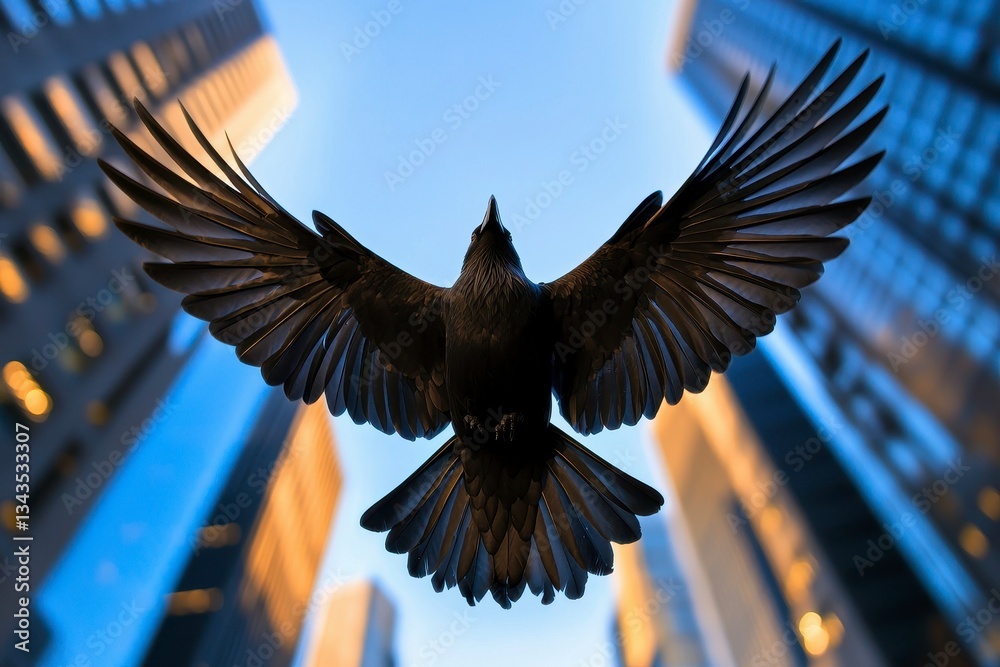 Obraz premium Crow Flies High Above the City Skyscrapers Its Wings Outspread Majestic Urban Bird in Flight