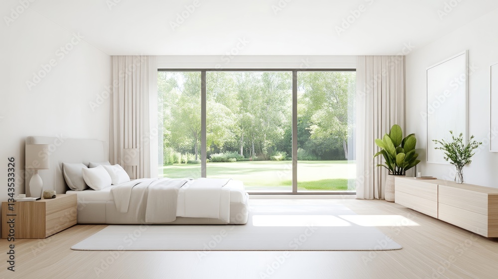 Modern bedroom with expansive garden views. Tranquil and bright space featuring a large bed, minimalist decor, and natural light