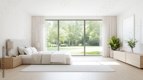 Modern bedroom with expansive garden views.  Tranquil and bright space featuring a large bed, minimalist decor, and natural light