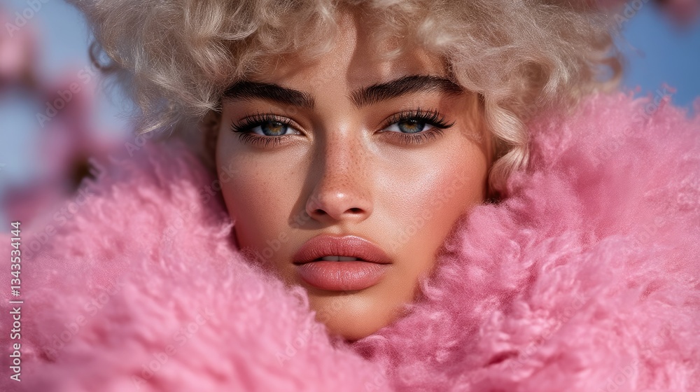 A woman with a beautiful, light-pink fur stole. Natural, spring-inspired fashion portrait