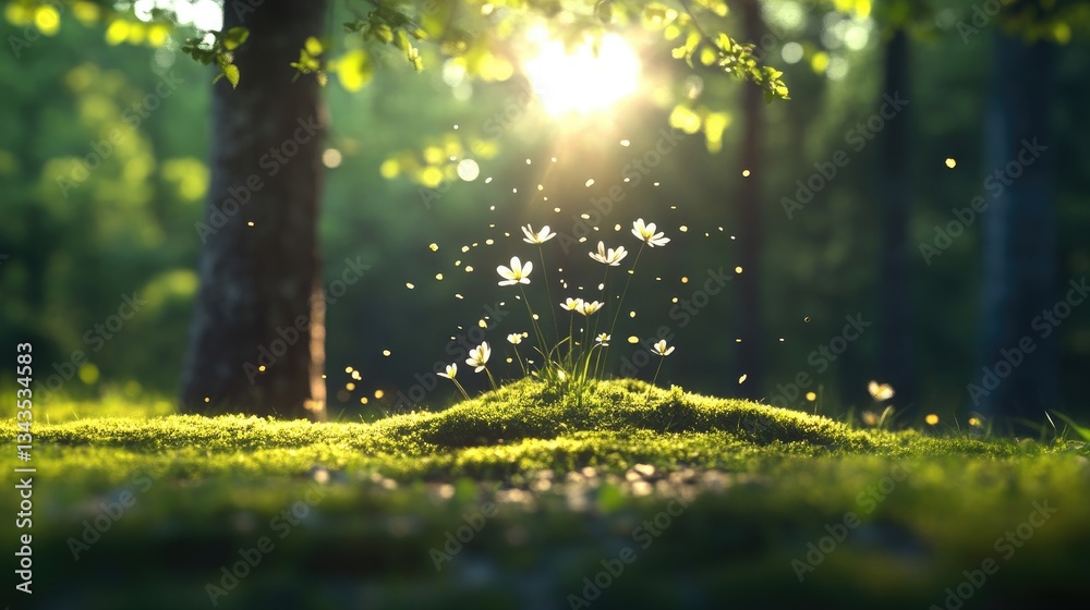 Sunlight streams through forest canopy, illuminating small white flowers on mossy ground. Delicate blossoms appear to float amidst sunbeams